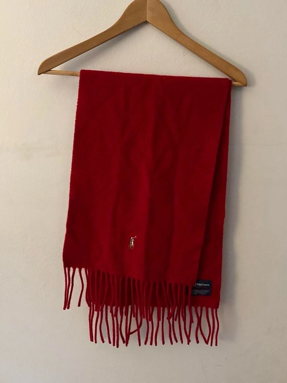 Vintage 90s Polo Ralph Lauren 100% Lambswool Red Fringed Scarf